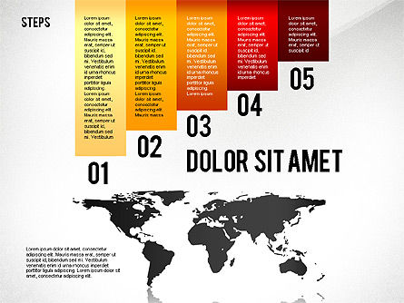 세계지도가 포함 된 단계별 다이어그램, 슬라이드 5, 02427, 단계 도표 — PoweredTemplate.com