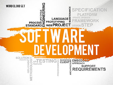 Software ontwikkeling word cloud presentatiesjabloon, PowerPoint-sjabloon, 02611, Businessmodellen — PoweredTemplate.com