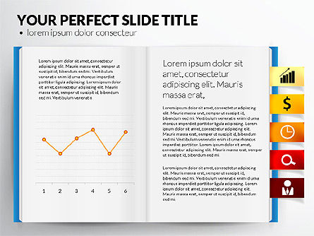 Open boek met bladwijzers en data driven grafieken, PowerPoint-sjabloon, 02941, Datagestuurde Diagrammen — PoweredTemplate.com