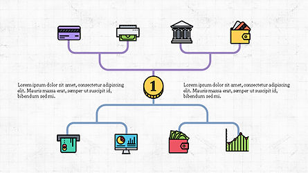 Grafico organizzativo con icone finanziarie, Modello PowerPoint, 04274, Diagrammi di Flusso — PoweredTemplate.com