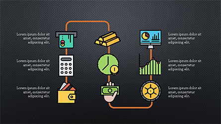 Gráfico organizacional com ícones financeiros, Deslizar 10, 04274, Fluxogramas — PoweredTemplate.com