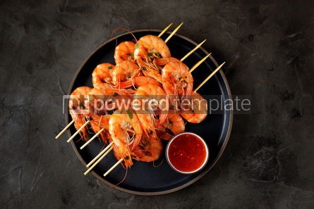 Food & Drink: Large grilled prawns on wooden skewers Shrimp kebabs #13646 Photo