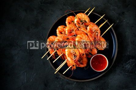 Food & Drink: Large grilled prawns on wooden skewers Shrimp kebabs Top view Copy space #13647 Photo