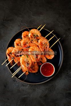 Food & Drink: Large grilled prawns on wooden skewers Shrimp kebabs #13649 Photo
