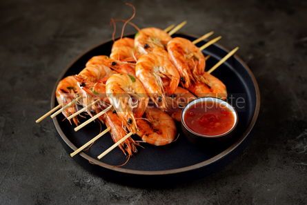 Food & Drink: Large grilled prawns on wooden skewers Shrimp kebabs #13650 Photo