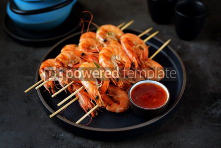 Food & Drink: Large grilled prawns on wooden skewers Shrimp kebabs #13651 Photo