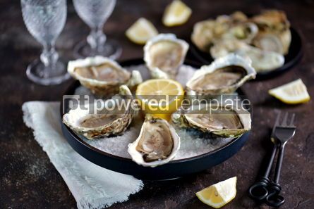Food & Drink: Fresh oysters on a large sea salt with lemon #13882 Photo