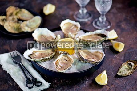 Food & Drink: Fresh oysters on a large sea salt with lemon #13885 Photo