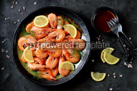 Food & Drink: Cooked large shrimps with lemon dill and tomato sauce Healthy food Top view #14076 Photo