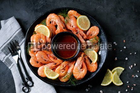 Food & Drink: Cooked large shrimps with lemon dill and tomato sauce Healthy food Top view #14077 Photo