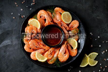 Food & Drink: Cooked large shrimps with lemon dill and tomato sauce Healthy food Top view #14078 Photo