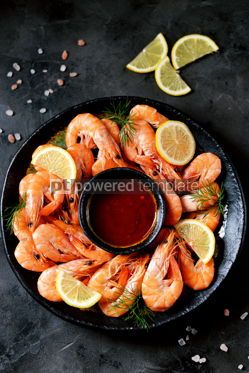 Food & Drink: Cooked large shrimps with lemon dill and tomato sauce Healthy food Top view #14079 Photo