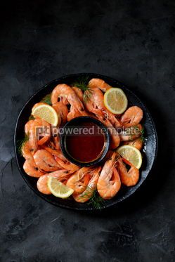Food & Drink: Cooked large shrimps with lemon dill and tomato sauce Healthy food Top view #14080 Photo
