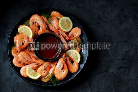 Food & Drink: Cooked large shrimps with lemon dill and tomato sauce Healthy food Top view #14081 Photo