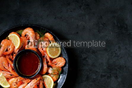 Food & Drink: Cooked large shrimps with lemon dill and tomato sauce Healthy food Top view #14082 Photo