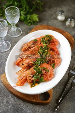 Food & Drink: Fried large prawns with garlic ginger and parsley in olive oil #14372 Photo
