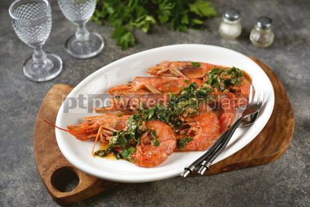 Food & Drink: Fried large prawns with garlic ginger and parsley in olive oil #14373 Photo