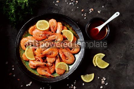 Food & Drink: Cooked large shrimps with lemon dill and tomato sauce Healthy food Top view #15116 Photo