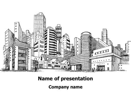 Plantilla de PowerPoint - bosquejo de la arquitectura de la ciudad, Plantilla de PowerPoint, 08228, Construcción — PoweredTemplate.com