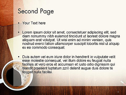 Modello PowerPoint - Notebook aperto con tazza di caffè sulla scrivania di legno, Slide 2, 14352, Concetti del Lavoro — PoweredTemplate.com