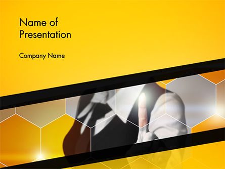 Plantilla de PowerPoint - empresaria presionando un botón en la pantalla virtual, 14698, Conceptos de negocio — PoweredTemplate.com