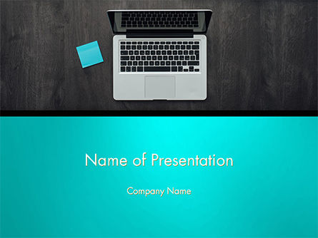 Open laptop and Sticker Note on Gray Wooden Desk PowerPoint Template, PowerPoint Template, 14736, Technology and Science — PoweredTemplate.com