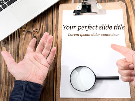Notebook with Magnifying Glass on Wooden Workplace PowerPoint Template, Free PowerPoint Template, 14995, Business Concepts — PoweredTemplate.com
