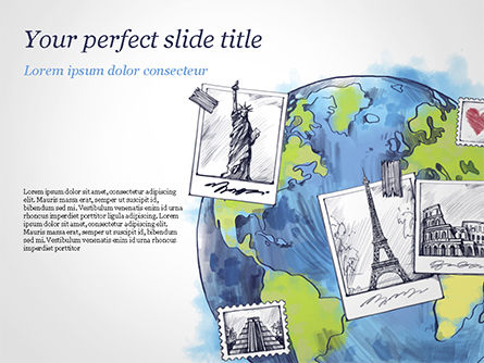 Plantilla de PowerPoint - mundo con famosos monumentos en estilo dibujado a mano., Plantilla de PowerPoint, 15354, Profesiones/ Industria — PoweredTemplate.com