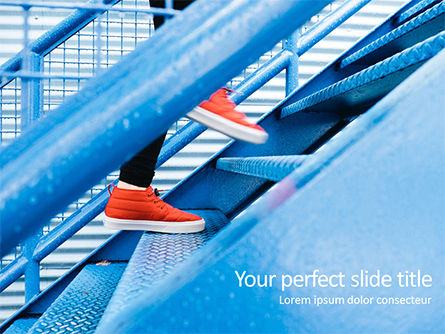 Person Stepping Up Blue Stairs PowerPoint Template, PowerPoint Template, 15676, Business Concepts — PoweredTemplate.com