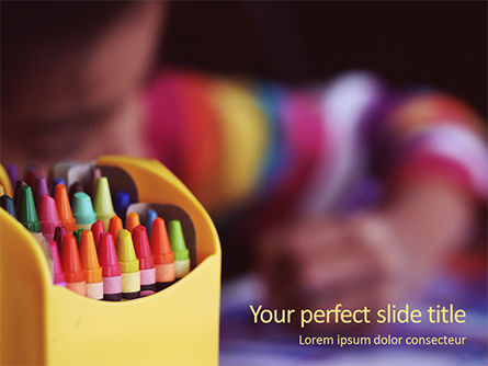 Crayons in Yellow Box Beside Child Presentation, Free PowerPoint Template, 15877, Education & Training — PoweredTemplate.com