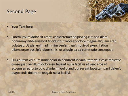 散らばったカートリッジが付いている砂の上のリボルバー - PowerPointテンプレート, スライド 2, 15991, 法律 — PoweredTemplate.com