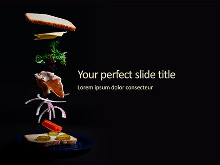 Modèle PowerPoint de voler en mouvement des ingrédients pour un sandwich savoureux, Modele PowerPoint, 16008, Food & Beverage — PoweredTemplate.com