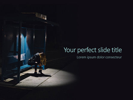 Woman Sitting on Bench at Bus Stop During Night Time Presentation, PowerPoint Template, 16067, People — PoweredTemplate.com
