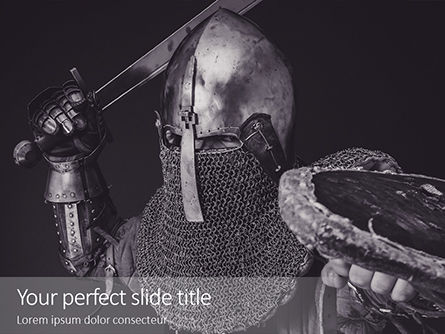 Modèle PowerPoint gratuit de chevalier attaquant avec épée et bouclier en bois, Gratuit Modele PowerPoint, 16101, Mensen — PoweredTemplate.com