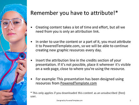 Modèle PowerPoint de cheerful woman physician in blue coat against turquoise background, Diapositive 3, 16250, Médical — PoweredTemplate.com