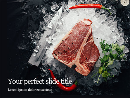 Raw Fresh Beef T-bone Steak and Seasoning on Ice Presentation, PowerPoint Template, 16302, Food & Beverage — PoweredTemplate.com
