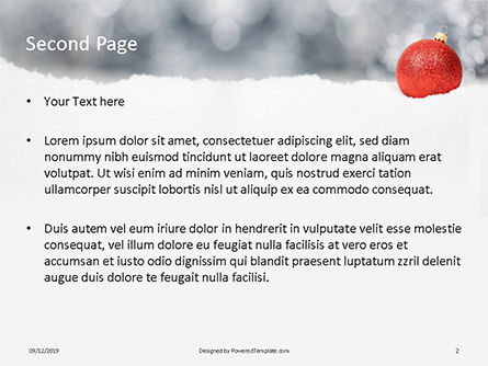 Plantilla de PowerPoint gratis - christmas red bauble on snow, Diapositiva 2, 16304, Vacaciones/ Ocasiones especiales — PoweredTemplate.com