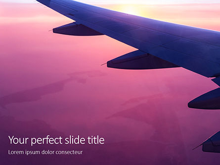 Airplane Wing with Sunrise in Light Flare Presentation, Free PowerPoint Template, 16363, Cars and Transportation — PoweredTemplate.com