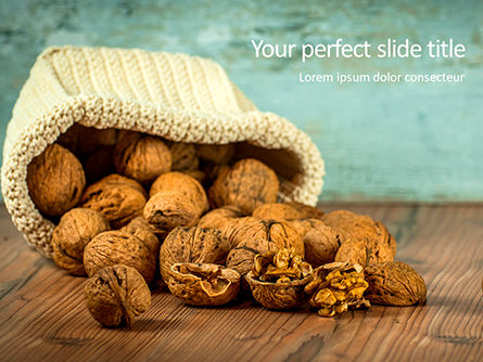 walnuts scattered from burlap bag on wooden table - 無料PowerPointテンプレート, 無料 PowerPointテンプレート, 16420, Food & Beverage — PoweredTemplate.com