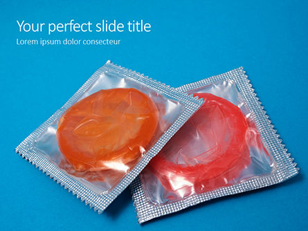 two condom packs on a blue background presentation - 無料PowerPointテンプレート, 無料 PowerPointテンプレート, 16565, 医療 — PoweredTemplate.com
