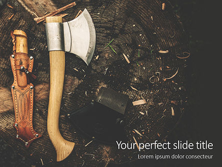 Ax and Knife Camping Tools on Ground Presentation, Free PowerPoint Template, 16694, Nature & Environment — PoweredTemplate.com