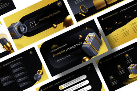 Black Gold 3D Enterprise Promotion Company Introduction 3D Design PPT, Gratis PowerPoint-sjabloon, 11578, Carrière/Industrie — PoweredTemplate.com