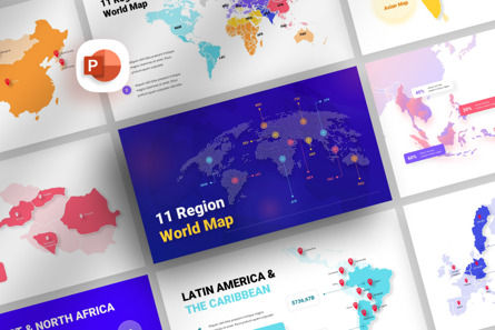 11 Regions World - Map PowerPoint Template, PowerPointテンプレート, 11814, アメリカ — PoweredTemplate.com