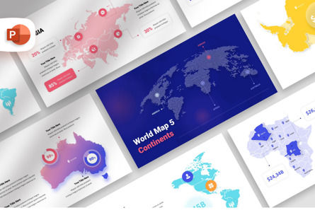 5 Continents World - Map PowerPoint Template, Plantilla de PowerPoint, 11815, América — PoweredTemplate.com