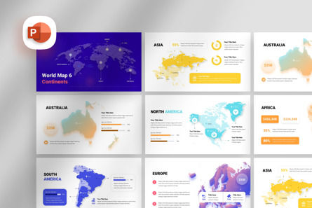 6 Continents World - Map PowerPoint Template, 파워 포인트 템플릿, 11816, 미국 — PoweredTemplate.com