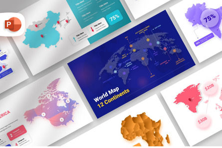 World Map 12 Continents - PowerPoint Template, Modelo do PowerPoint, 11822, América — PoweredTemplate.com