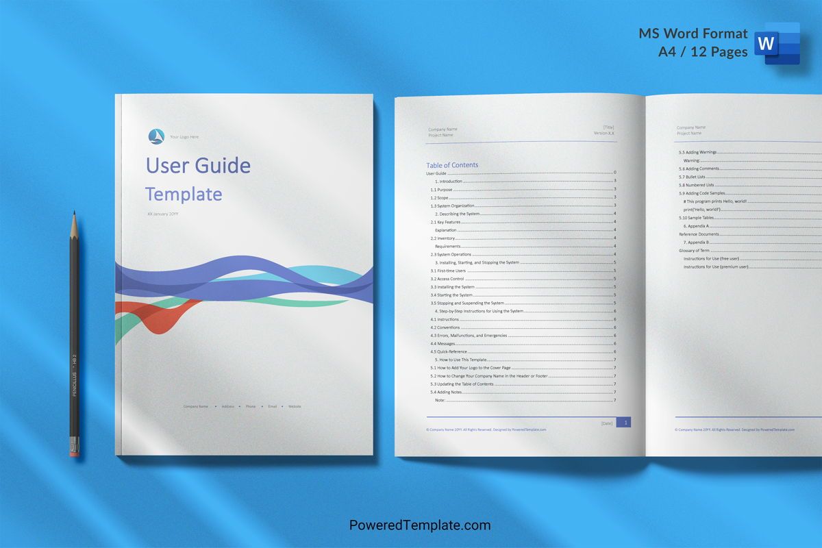 User Guide Template in MS Word and Adobe Acrobat Formatsのデザインおよびレイアウトを