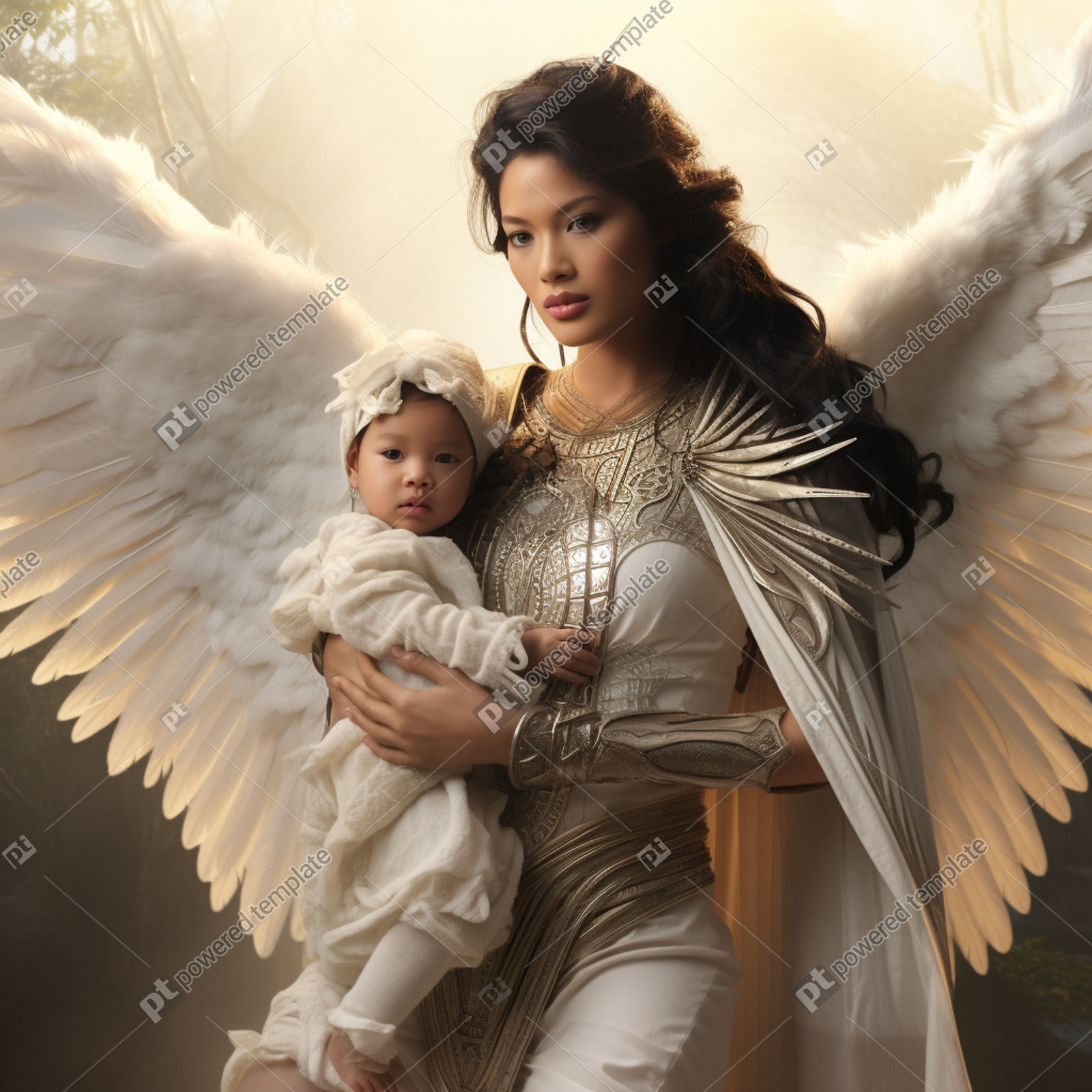 Asian Warrior Angel Protecting Child | Gambar AI | PoweredTemplate ...
