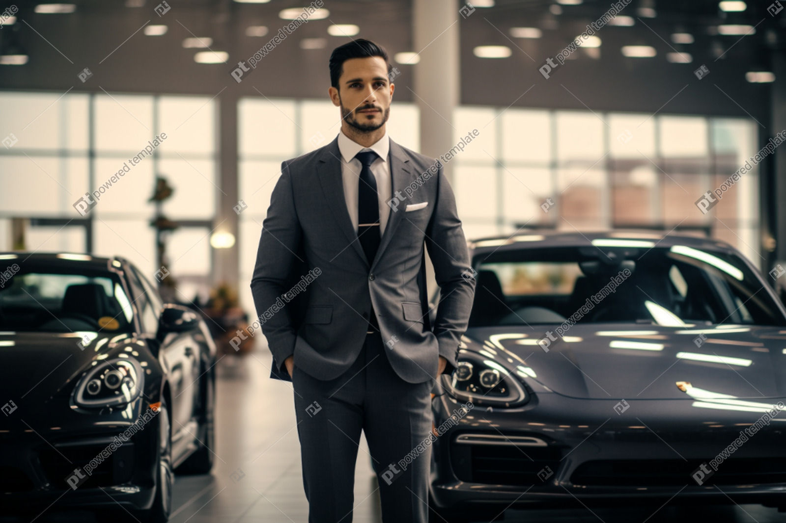 UHD Image of Elegant Male Car Dealer in Light Gray and Light Black Auto ...