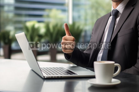 Arts & Entertainment: Businessman Gives Thumbs Up Sign With Laptop Panasonic Lumix S Pro 50mm F14 CAD Tabletop Photo #42395 AI Image